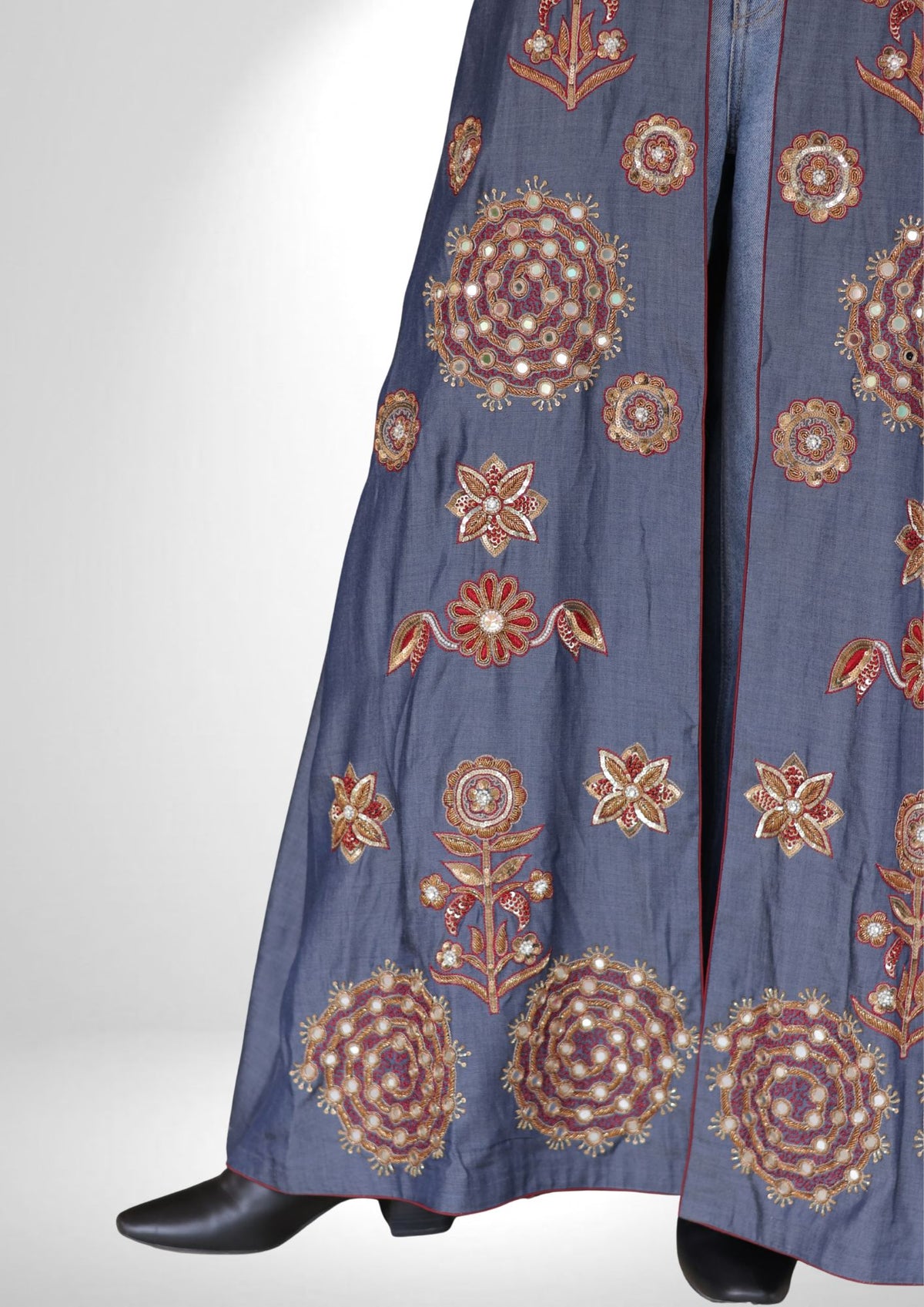 Denim Shrug & Crop Top Set with Zardozi and Resham Work