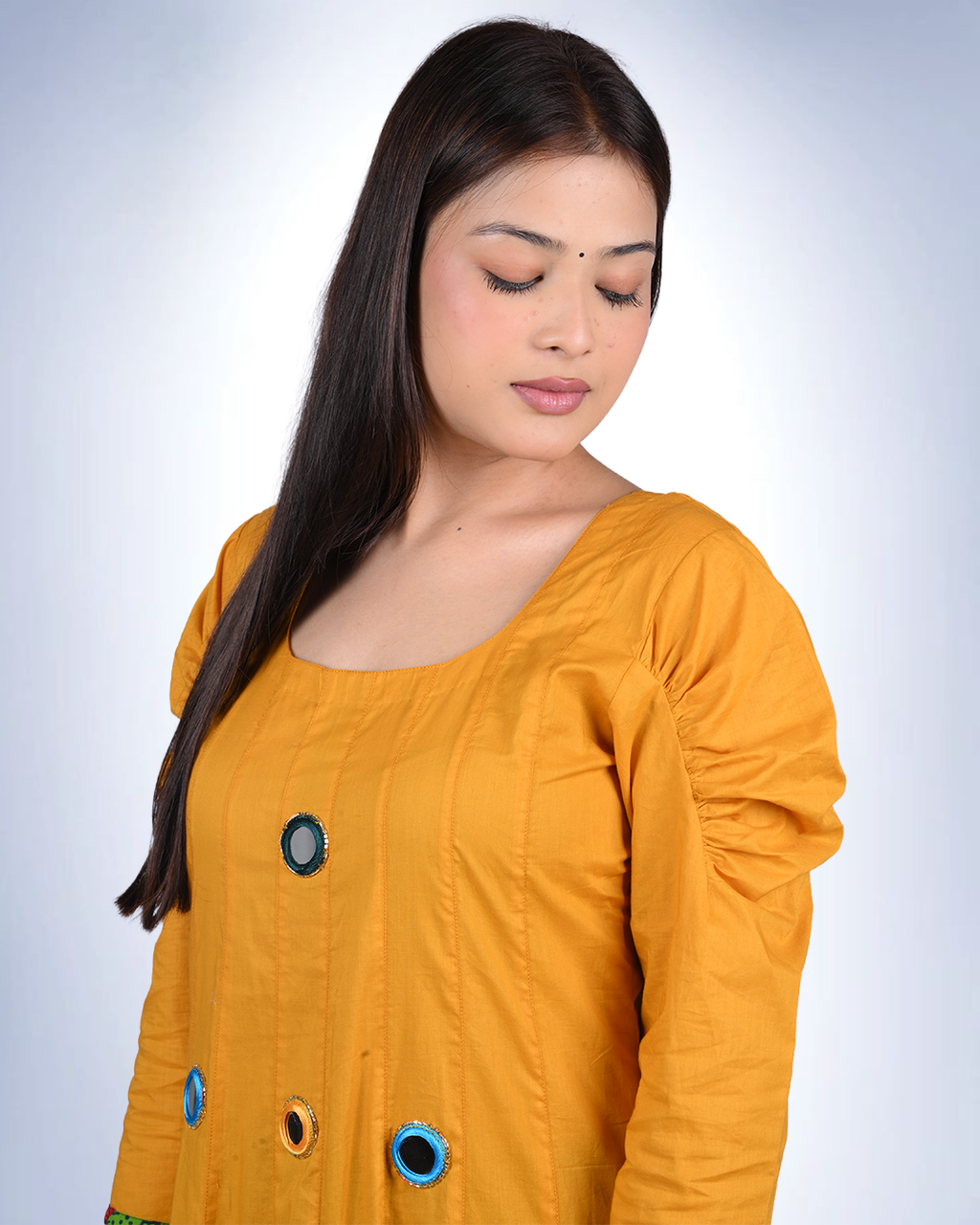 Mustard Yellow Mirror-Work Anarkali Kurta | Handcrafted Cotton with Pom-Pom Hemline
