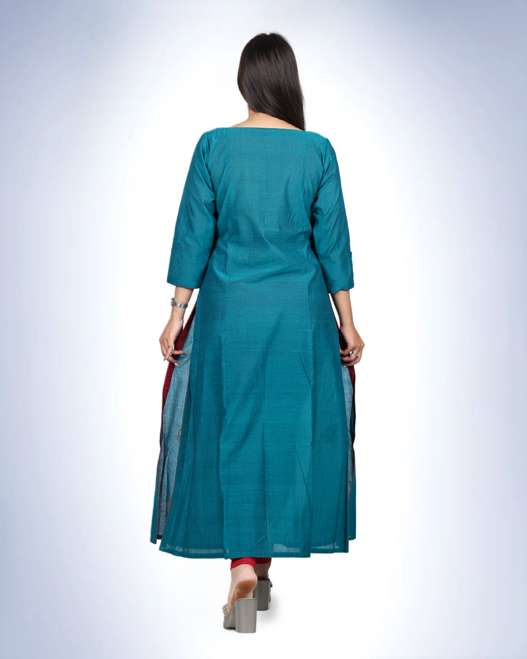 Teal Madhubani-Inspired Embroidered Anarkali Kurta | Handloom Cotton with Folk Art Motifs