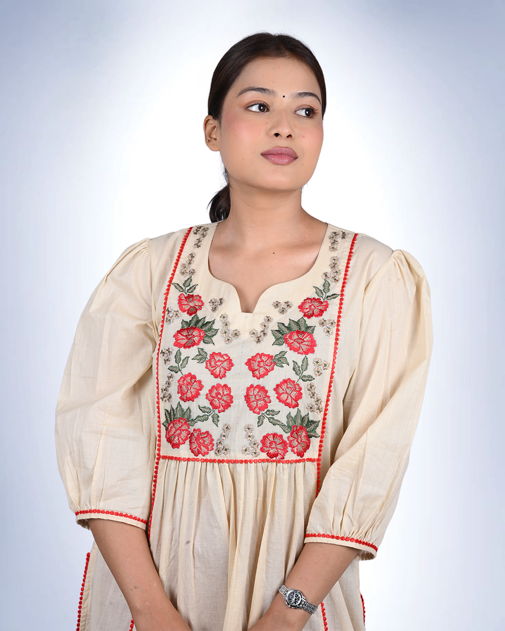 Ivory Floral Embroidered Cotton Kurta | Rose Motif Yoke with Puff Sleeves