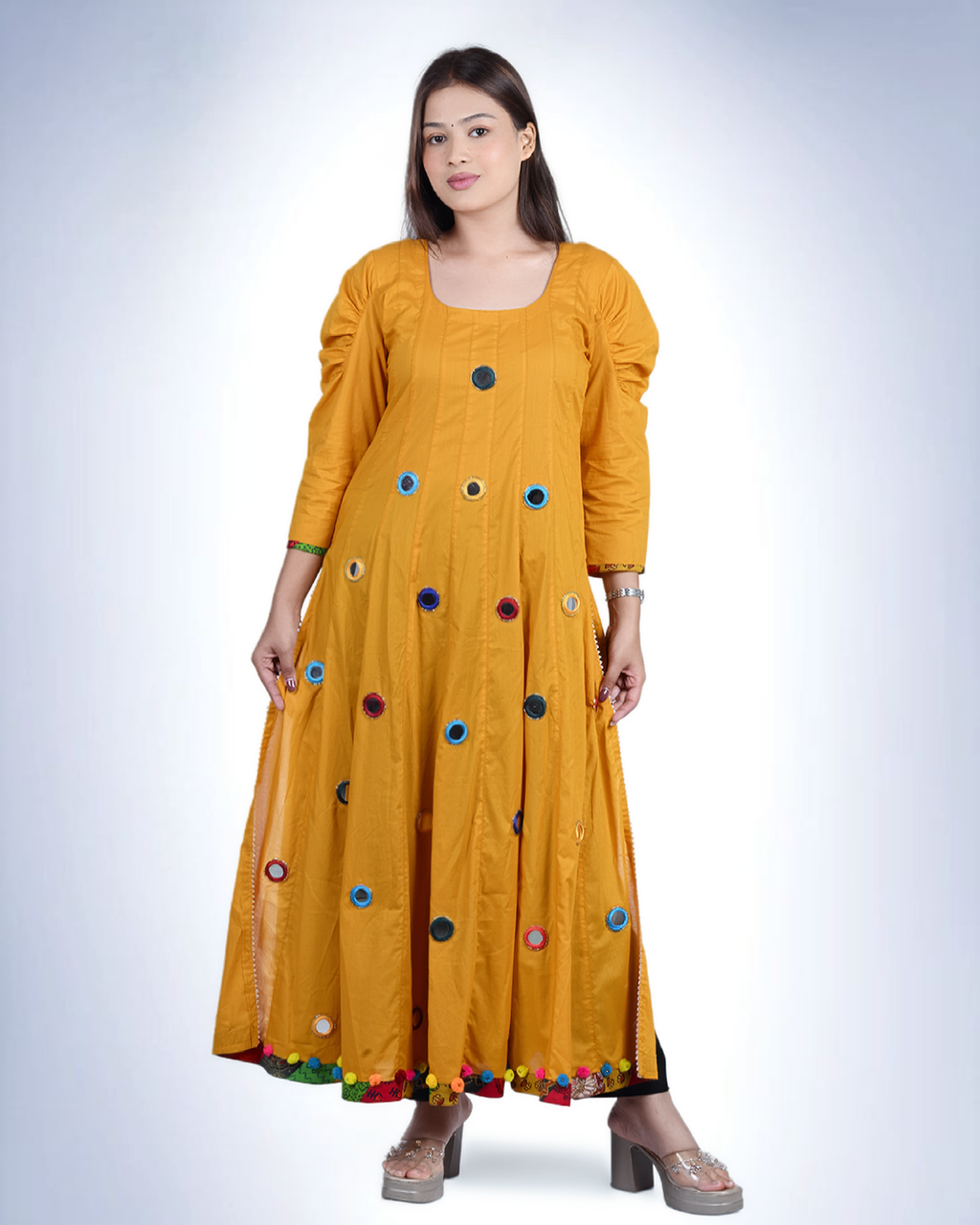 Mustard Yellow Mirror-Work Anarkali Kurta | Handcrafted Cotton with Pom-Pom Hemline