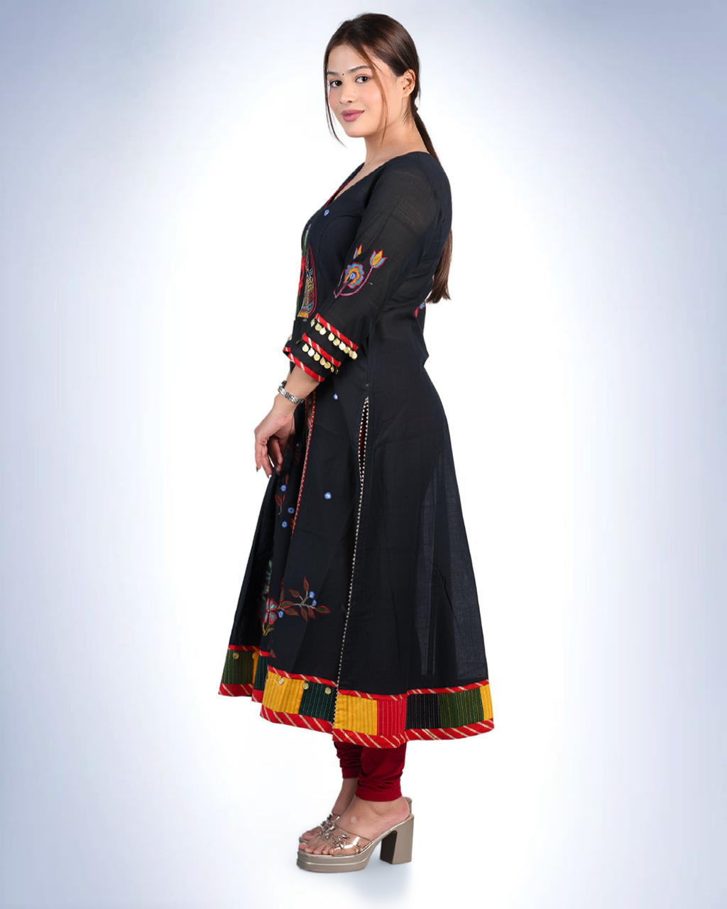 Black Folk Art Embroidered Anarkali Kurta | Warli-Inspired with Mirror & Coin Trim