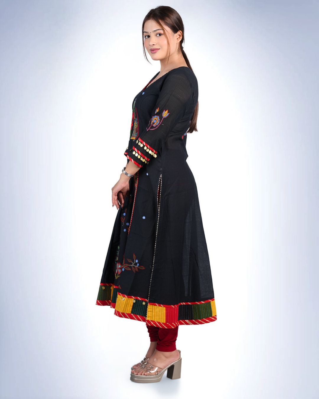 Black Folk Art Embroidered Anarkali Kurta | Warli-Inspired with Mirror & Coin Trim