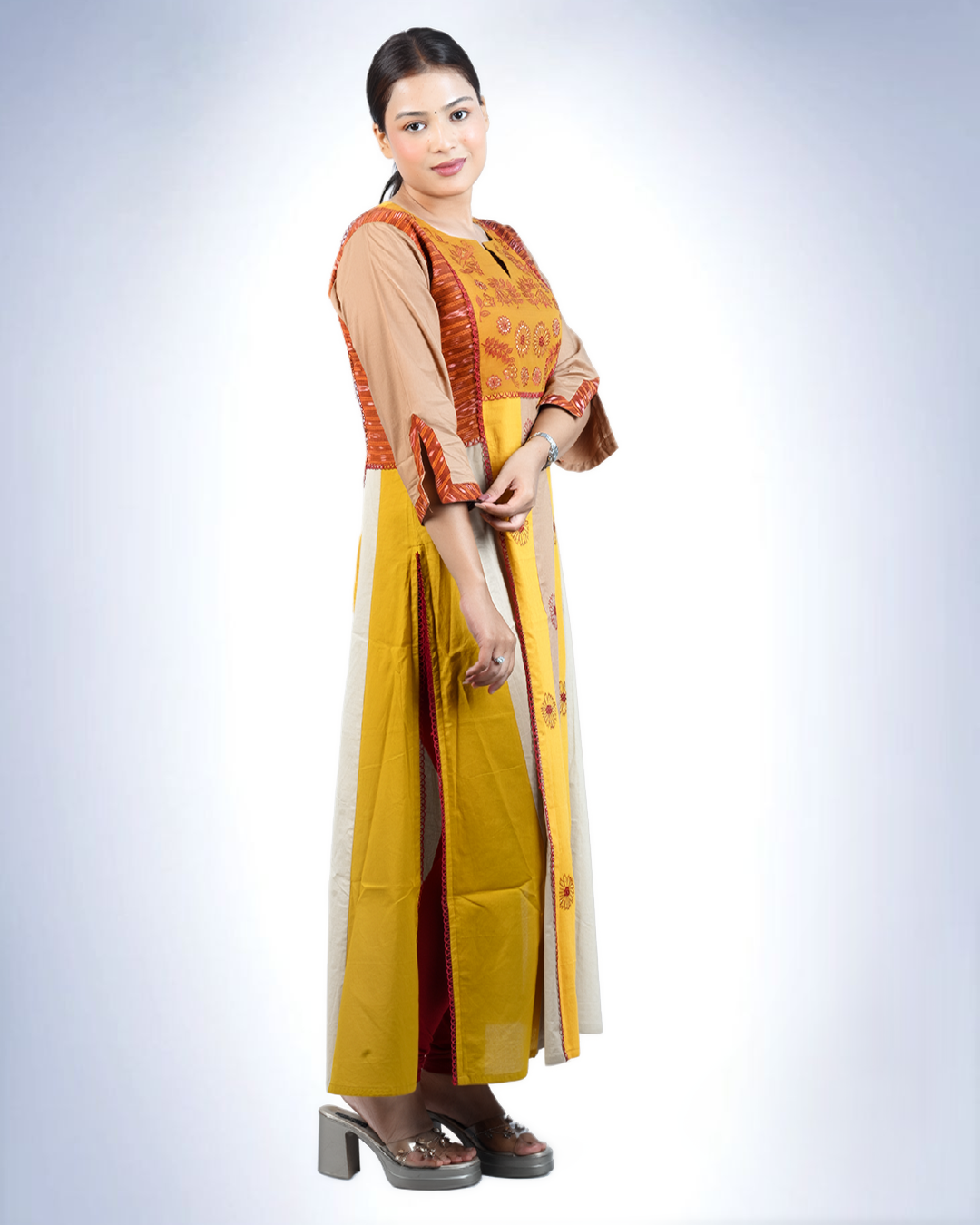 Mustard Colour-Block Panel Kurta | Floral Embroidered Yoke with Striped Silhouette