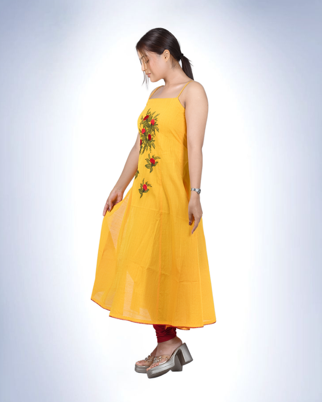 Yellow Floral Embroidered Spaghetti Strap Kurta Dress | Sleeveless A-Line Cotton Slip Dress