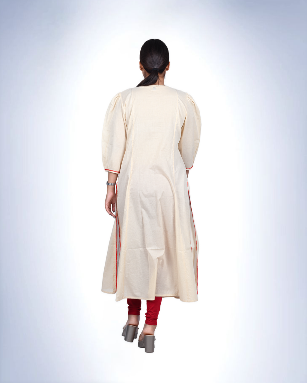 Ivory Floral Embroidered Cotton Kurta | Rose Motif Yoke with Puff Sleeves