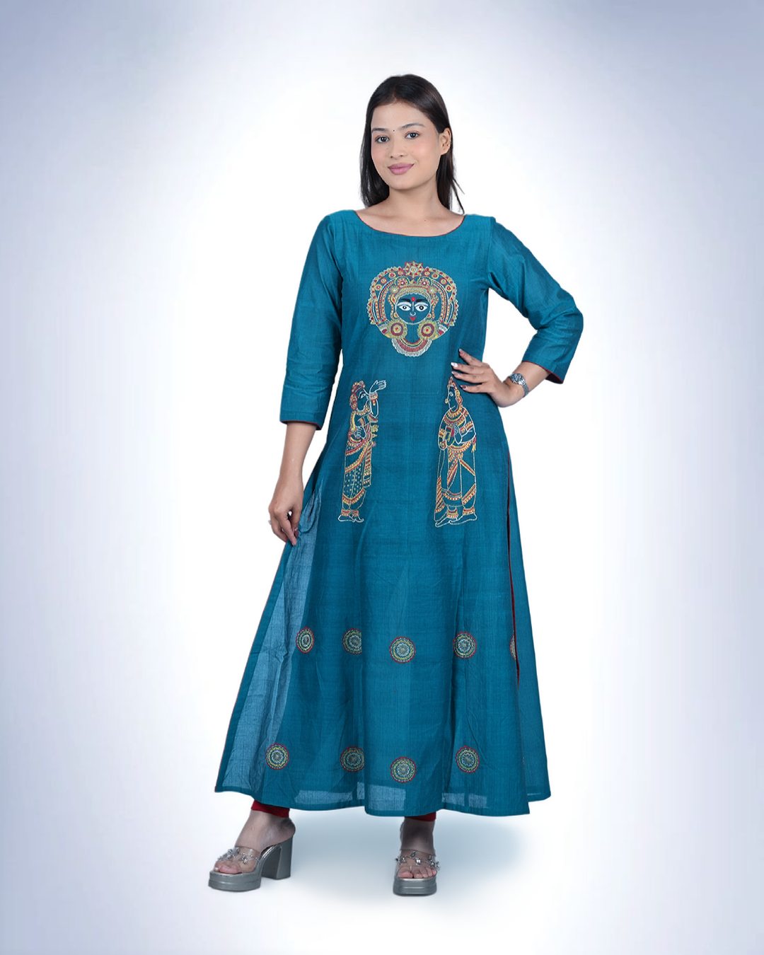 Teal Madhubani-Inspired Embroidered Anarkali Kurta | Handloom Cotton with Folk Art Motifs