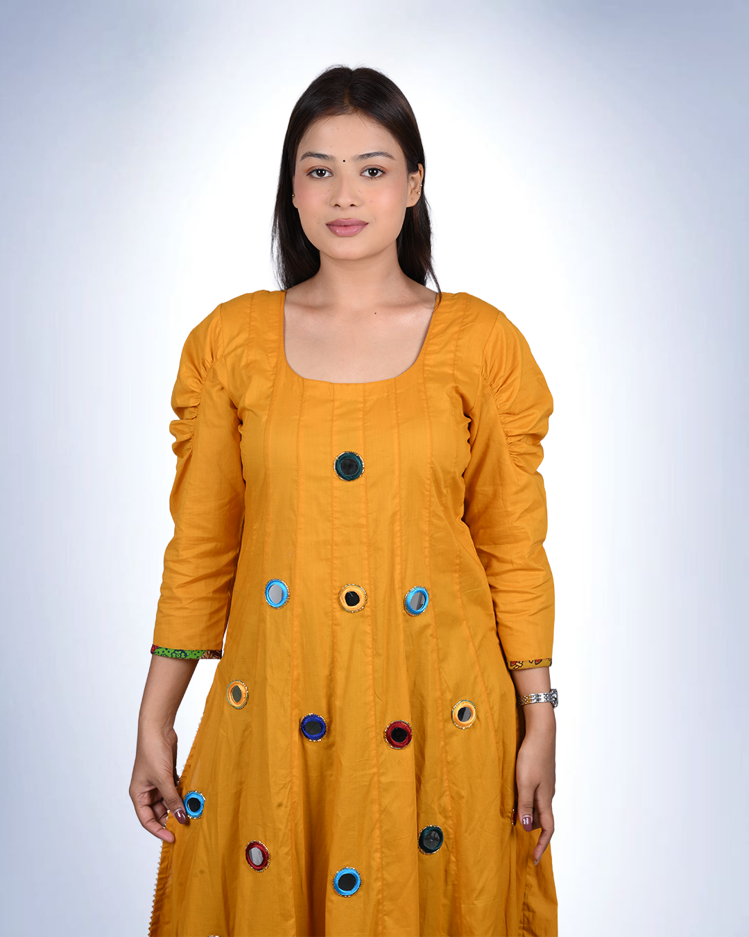 Mustard Yellow Mirror-Work Anarkali Kurta | Handcrafted Cotton with Pom-Pom Hemline
