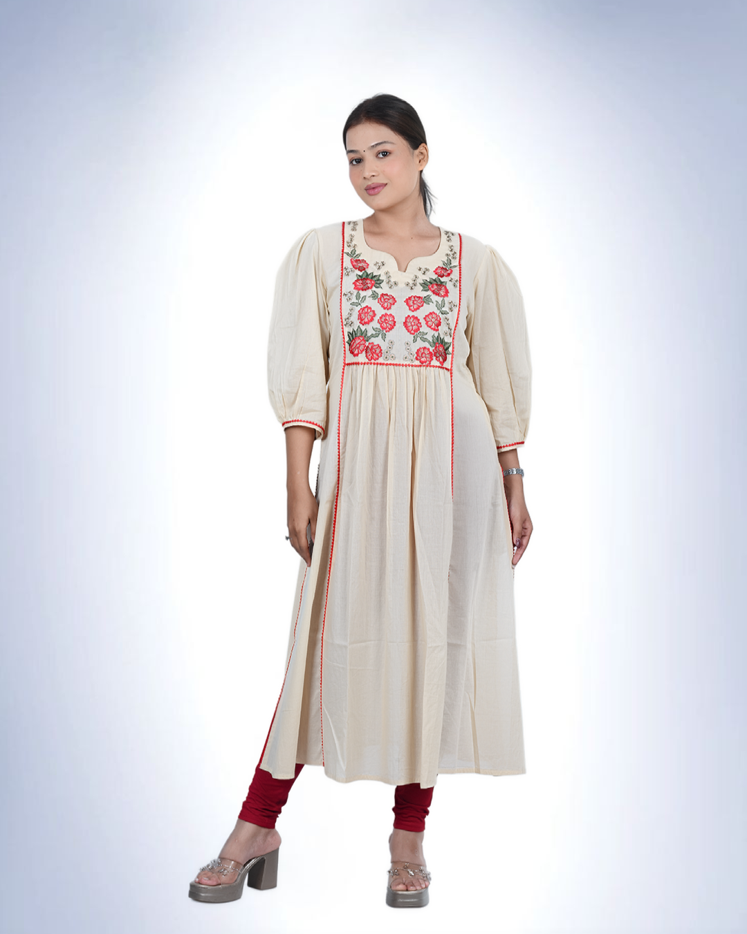 Ivory Floral Embroidered Cotton Kurta | Rose Motif Yoke with Puff Sleeves