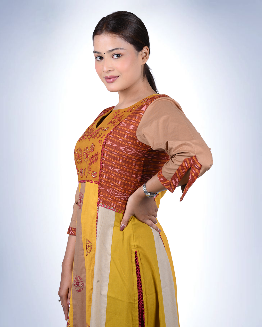 Mustard Colour-Block Panel Kurta | Floral Embroidered Yoke with Striped Silhouette