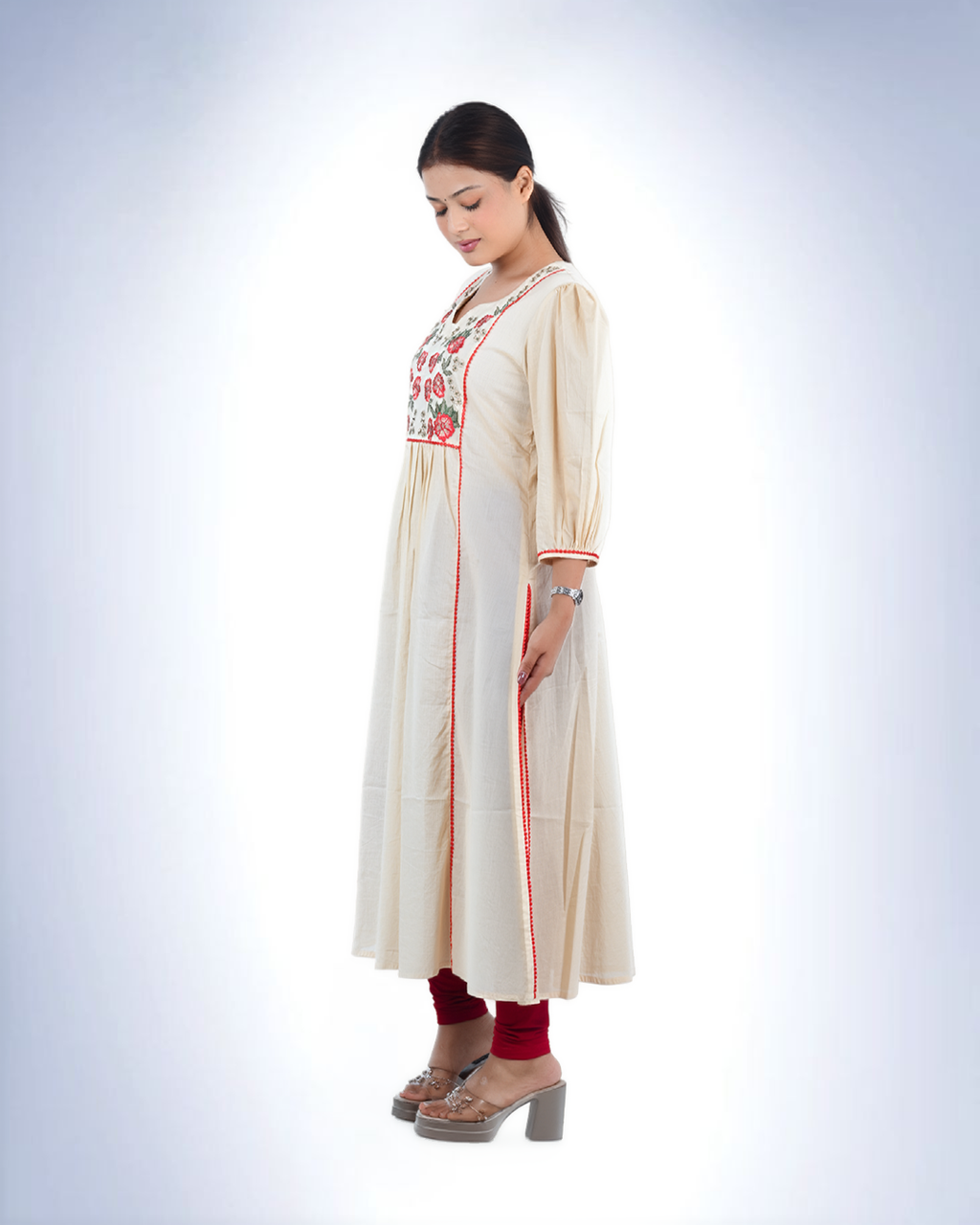 Ivory Floral Embroidered Cotton Kurta | Rose Motif Yoke with Puff Sleeves