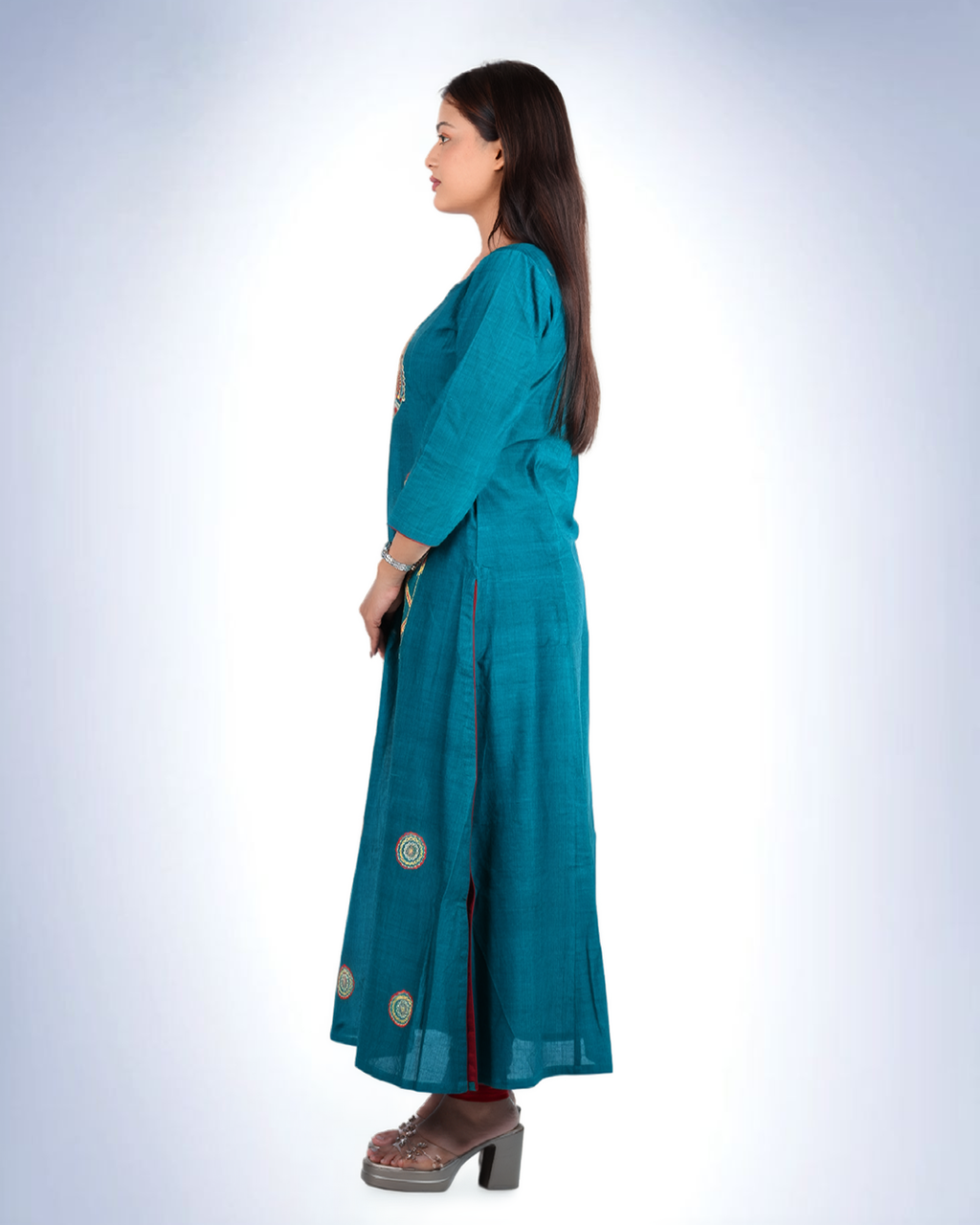 Teal Madhubani-Inspired Embroidered Anarkali Kurta | Handloom Cotton with Folk Art Motifs