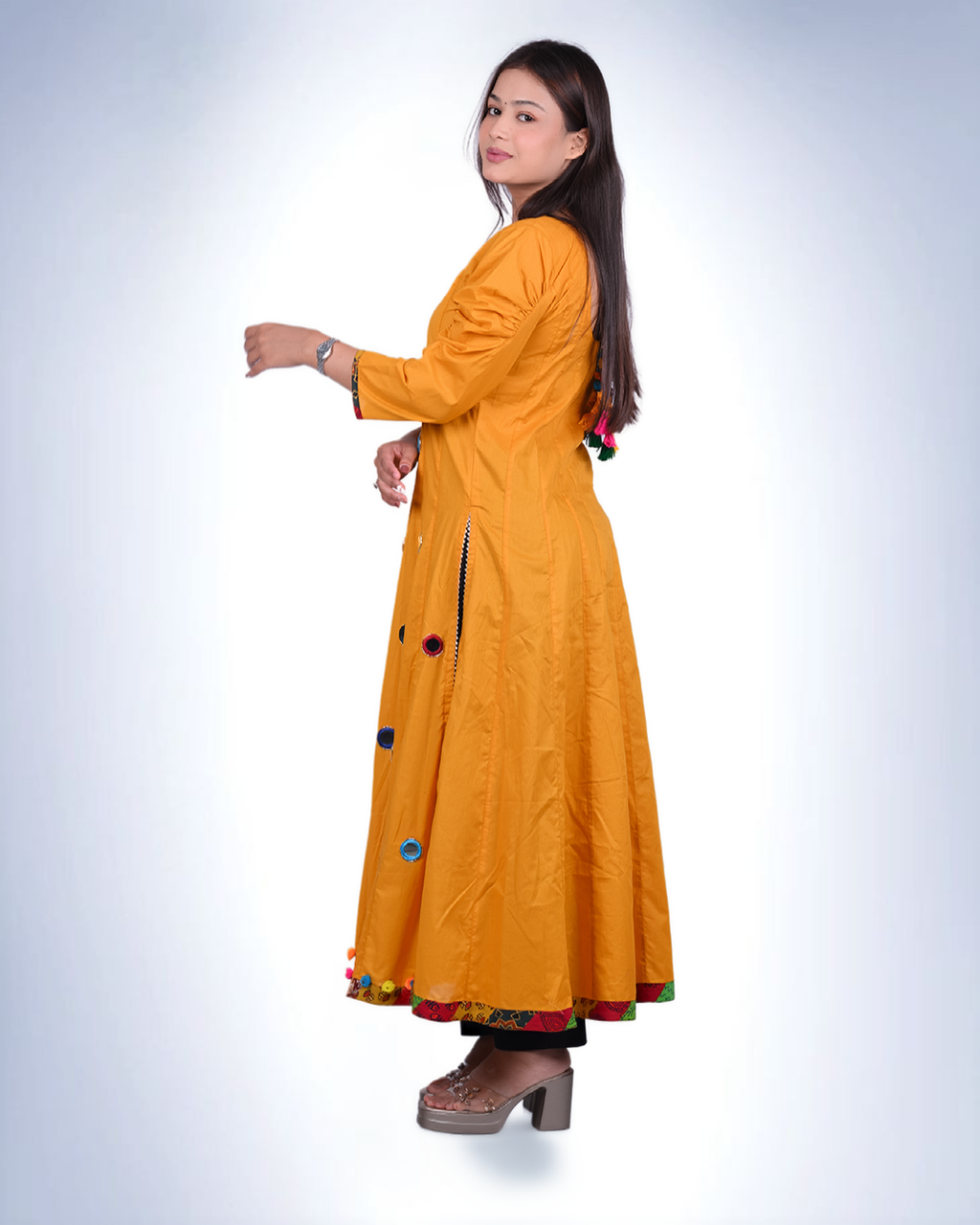 Mustard Yellow Mirror-Work Anarkali Kurta | Handcrafted Cotton with Pom-Pom Hemline