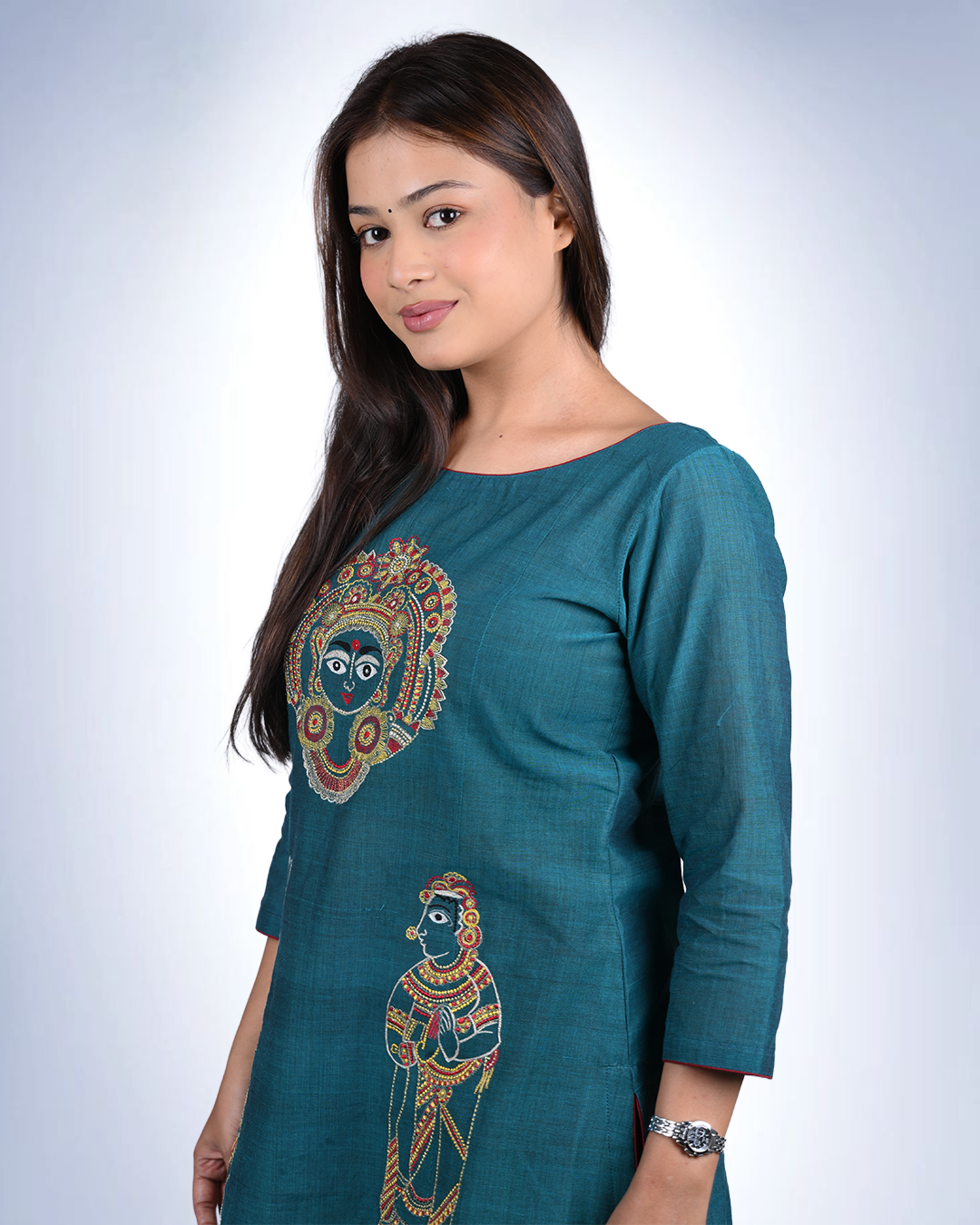 Teal Madhubani-Inspired Embroidered Anarkali Kurta | Handloom Cotton with Folk Art Motifs