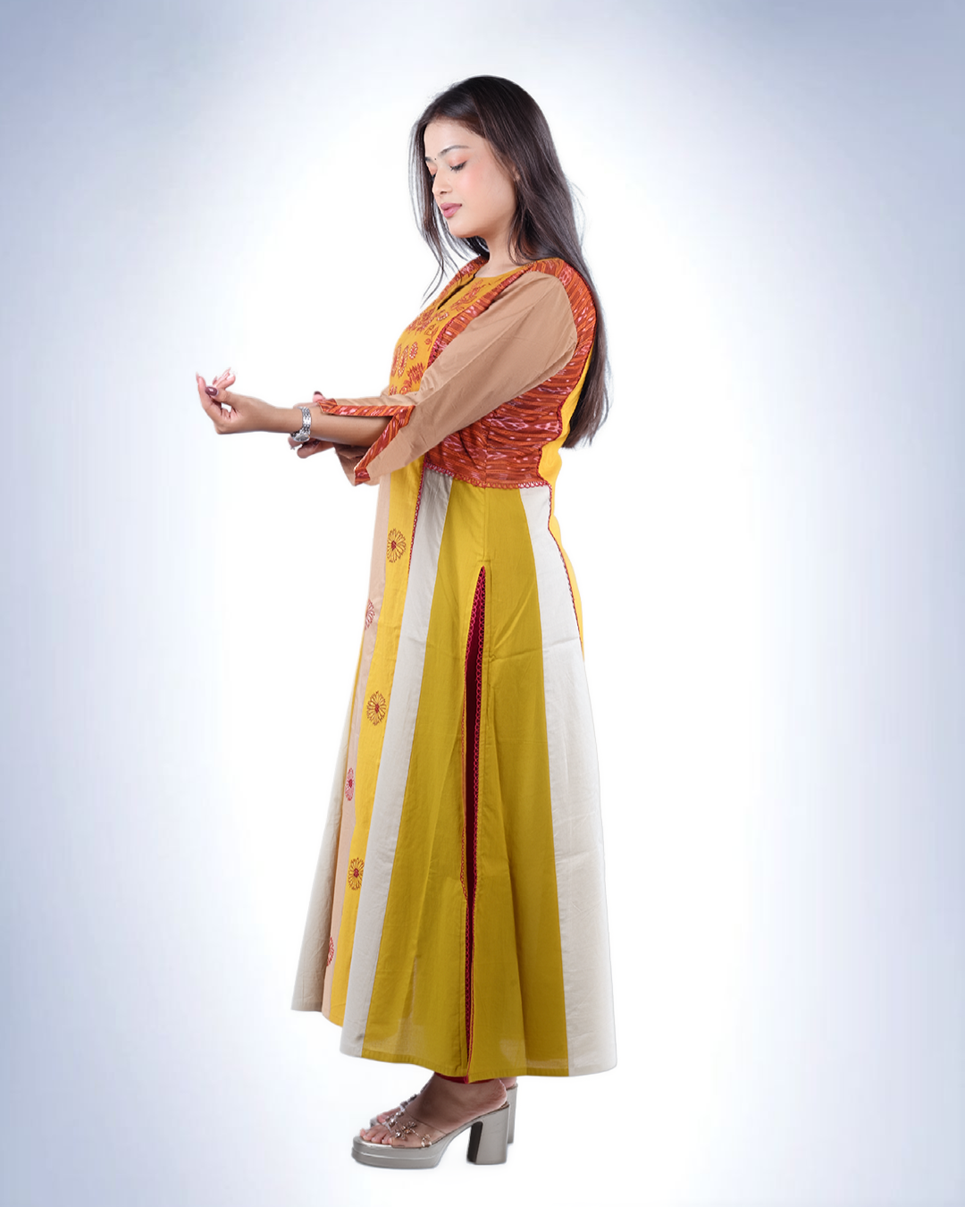 Mustard Colour-Block Panel Kurta | Floral Embroidered Yoke with Striped Silhouette