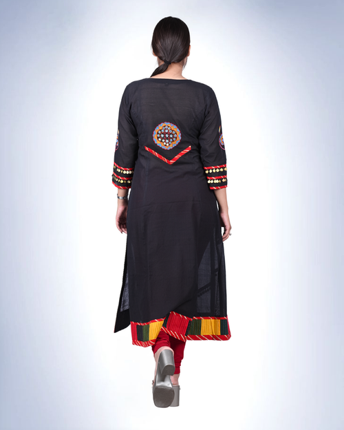 Black Folk Art Embroidered Anarkali Kurta | Warli-Inspired with Mirror & Coin Trim