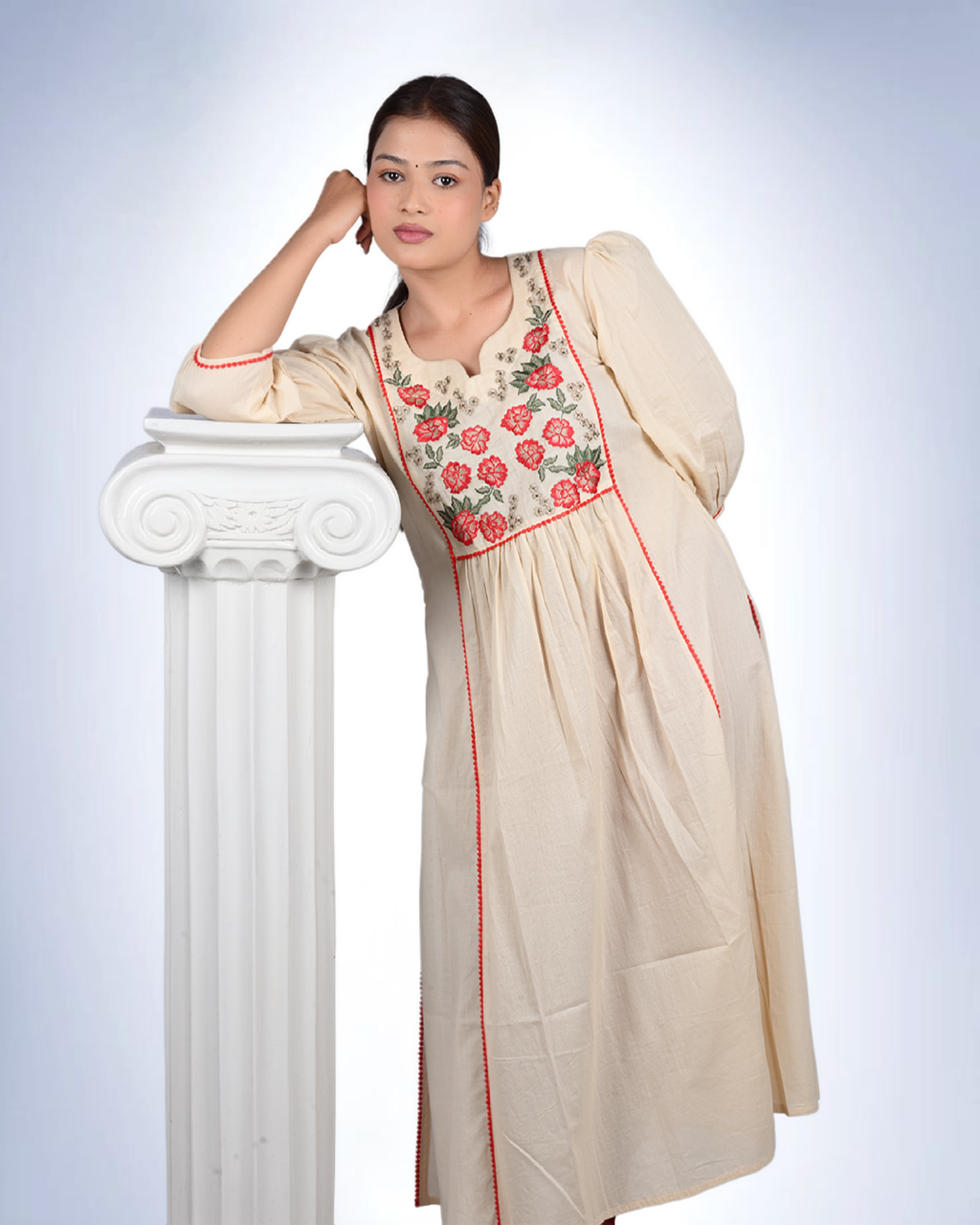 Ivory Floral Embroidered Cotton Kurta | Rose Motif Yoke with Puff Sleeves