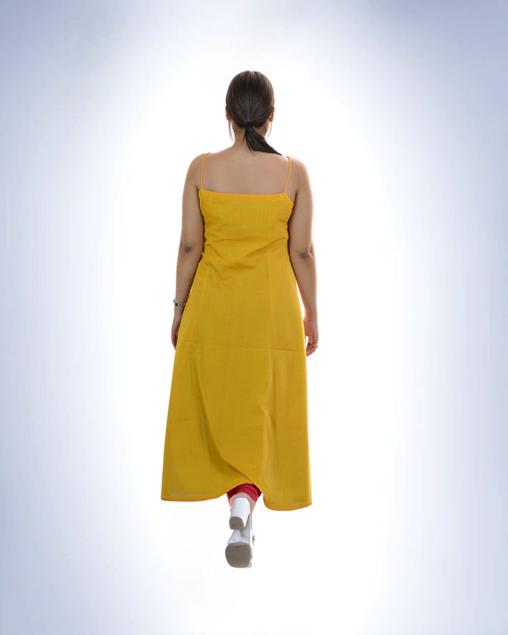 Yellow Floral Embroidered Spaghetti Strap Kurta Dress | Sleeveless A-Line Cotton Slip Dress