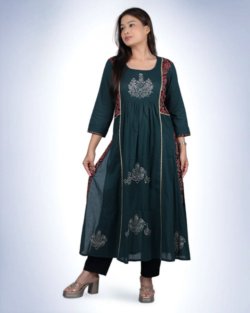 Ajrak Embroidered Cambric Cotton Kurta | Bottle Green with Ajrak Panel Detailing