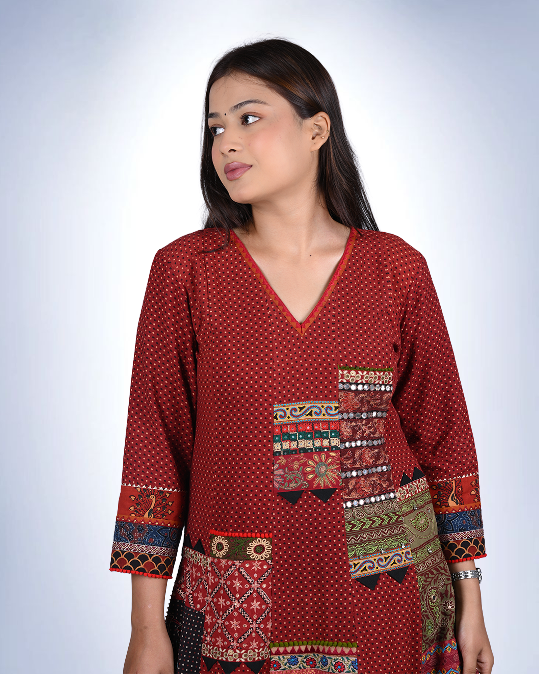 Ajrak 6-Kali Patchwork Dress | Handcrafted Cotton Ethnic Dress with Polka Prints