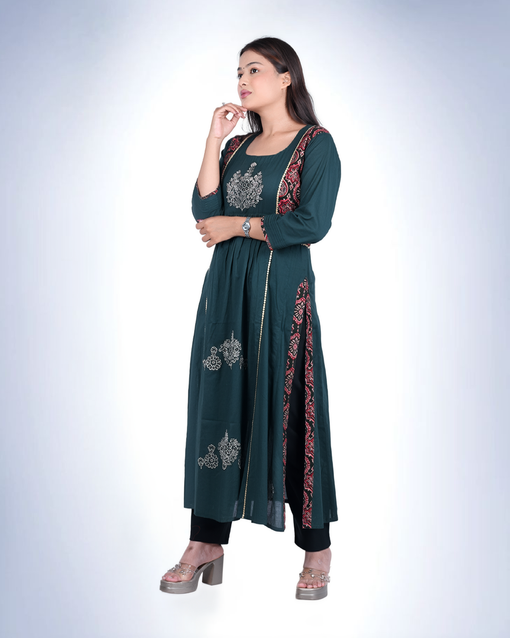 Ajrak Embroidered Cambric Cotton Kurta | Bottle Green with Ajrak Panel Detailing
