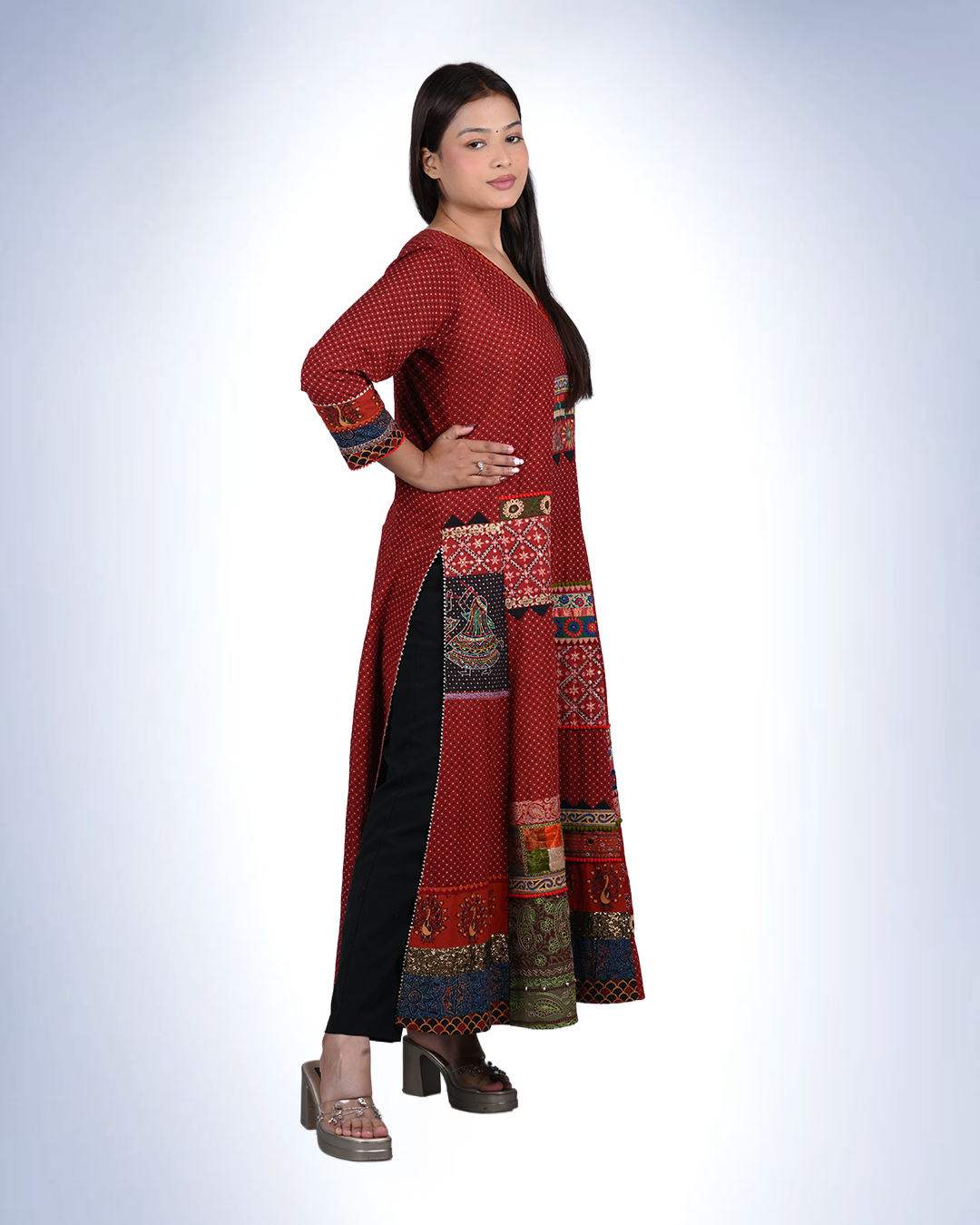 Ajrak 6-Kali Patchwork Dress | Handcrafted Cotton Ethnic Dress with Polka Prints