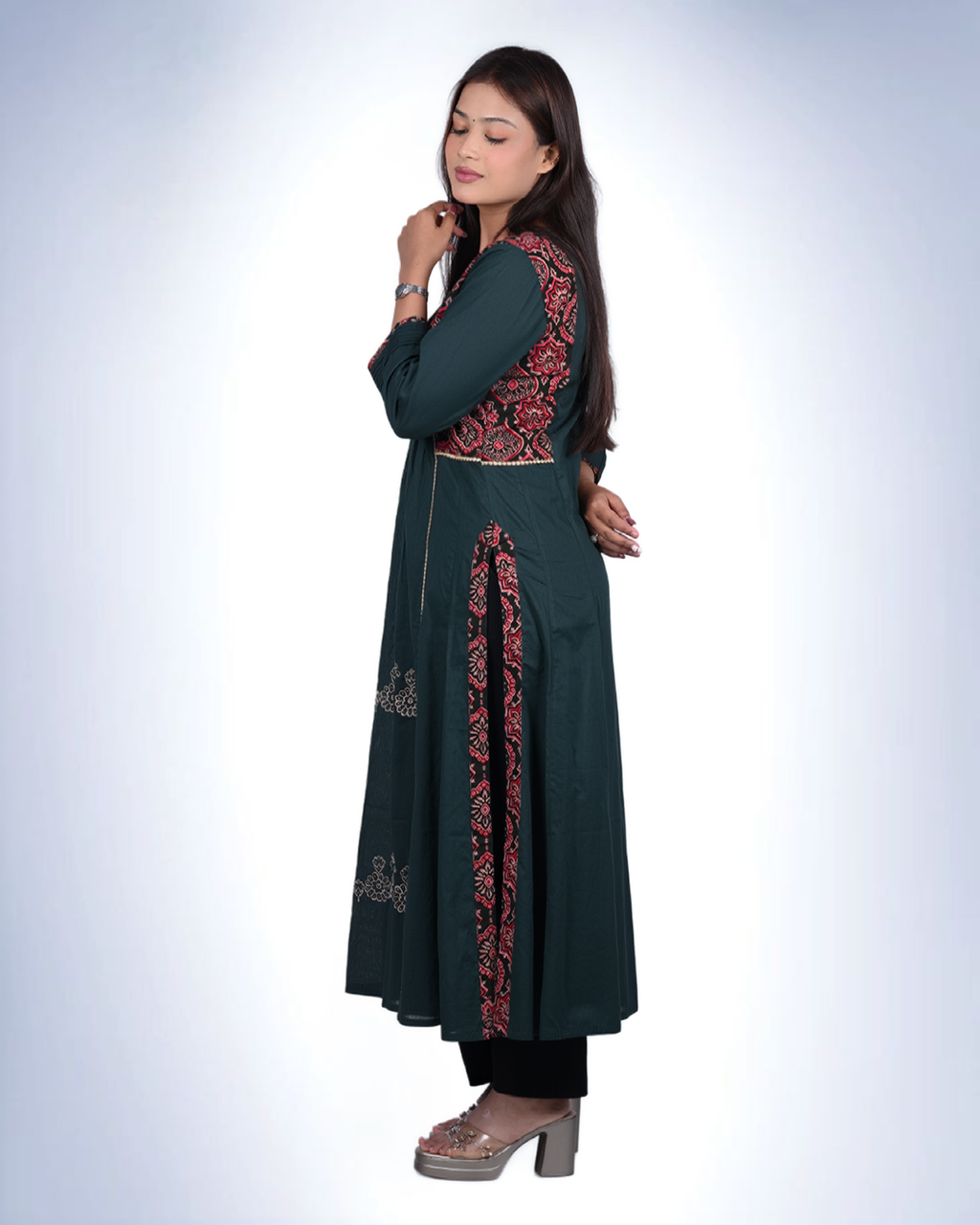 Ajrak Embroidered Cambric Cotton Kurta | Bottle Green with Ajrak Panel Detailing