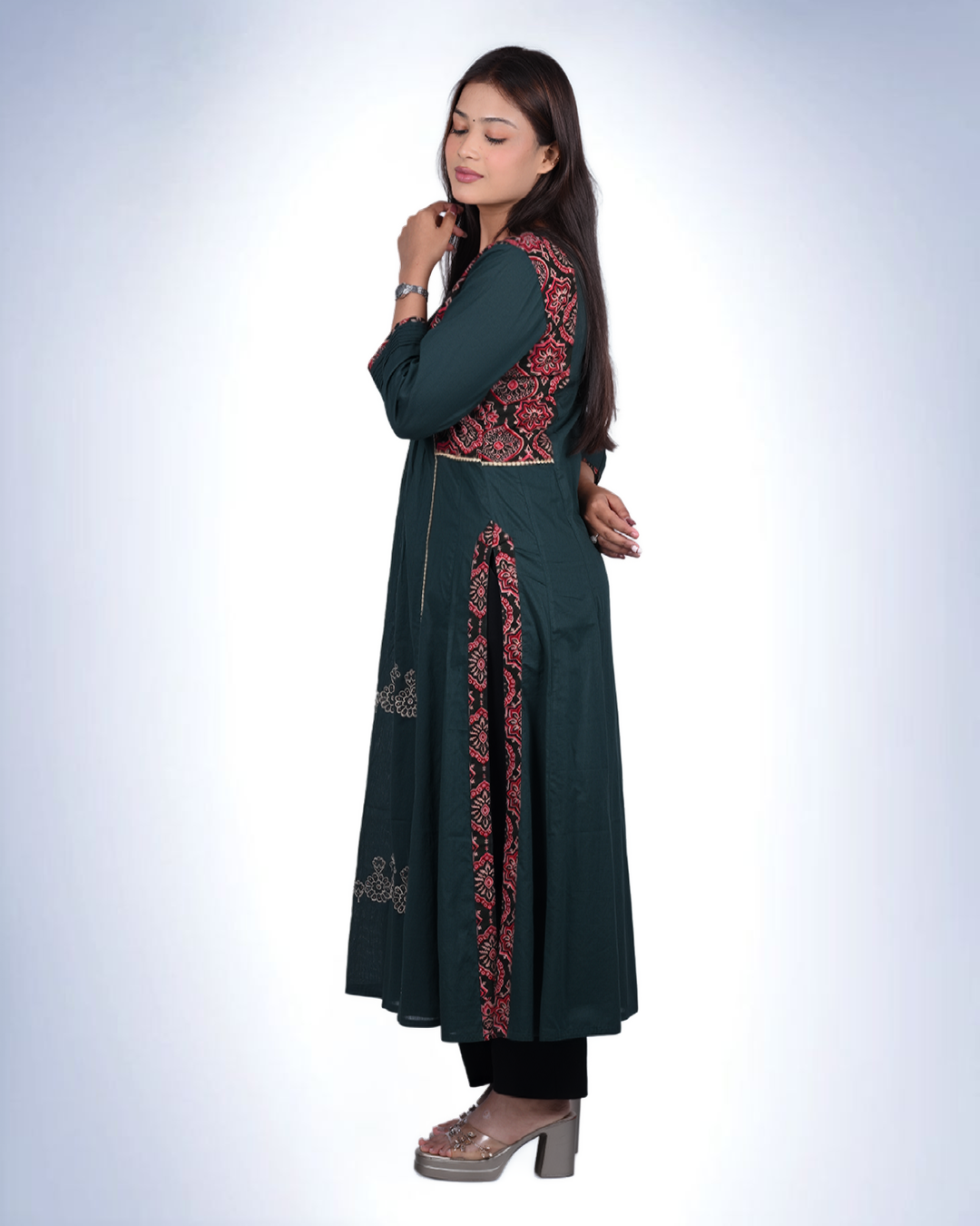 Ajrak Embroidered Cambric Cotton Kurta | Bottle Green with Ajrak Panel Detailing