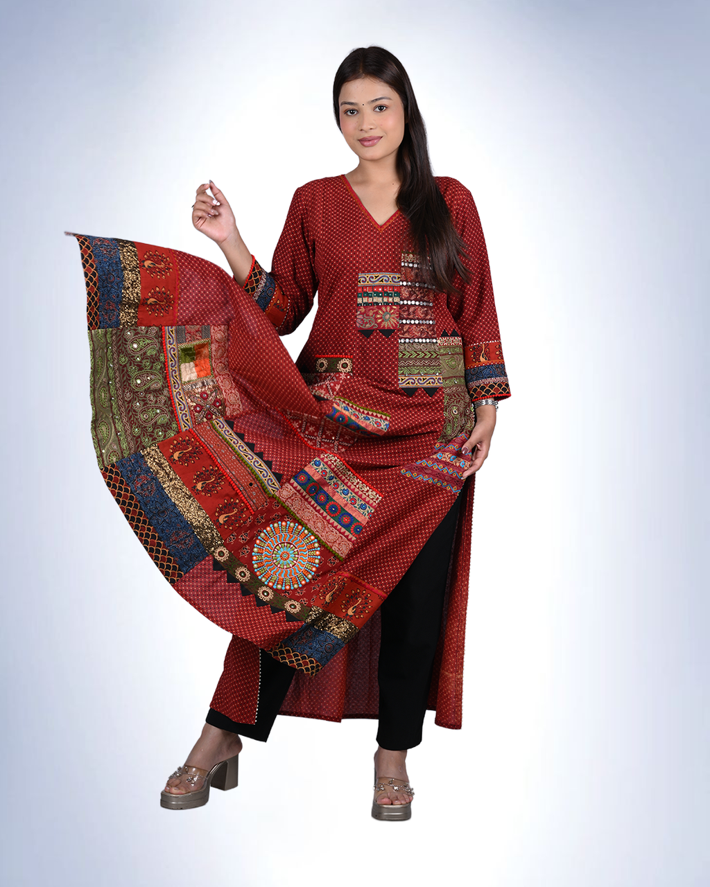 Ajrak 6-Kali Patchwork Dress | Handcrafted Cotton Ethnic Dress with Polka Prints