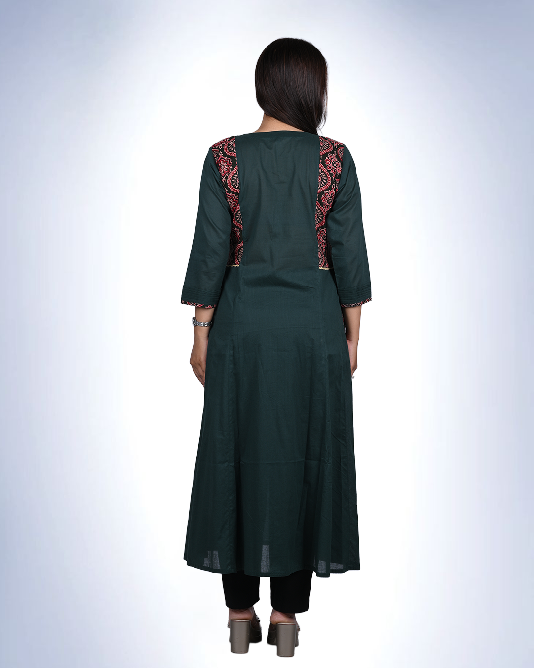 Ajrak Embroidered Cambric Cotton Kurta | Bottle Green with Ajrak Panel Detailing