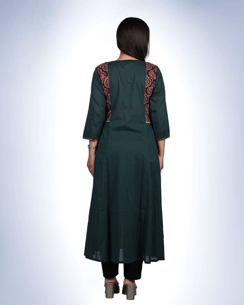 Ajrak Embroidered Cambric Cotton Kurta | Bottle Green with Ajrak Panel Detailing
