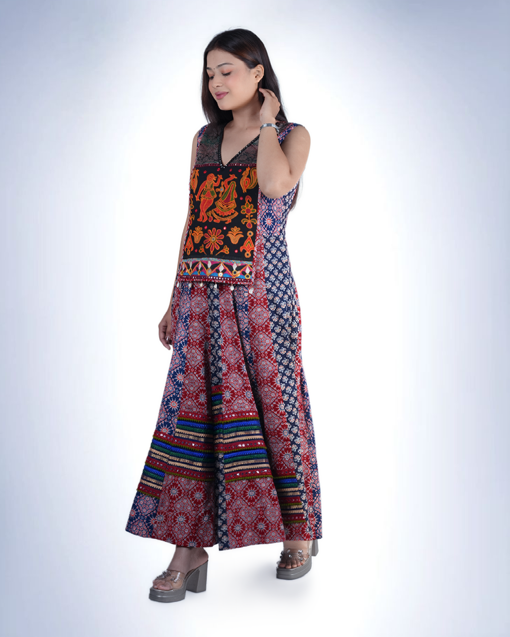 Heritage Print Maxi Dress | Embroidered Yoke with Rabari-Inspired Folk Art
