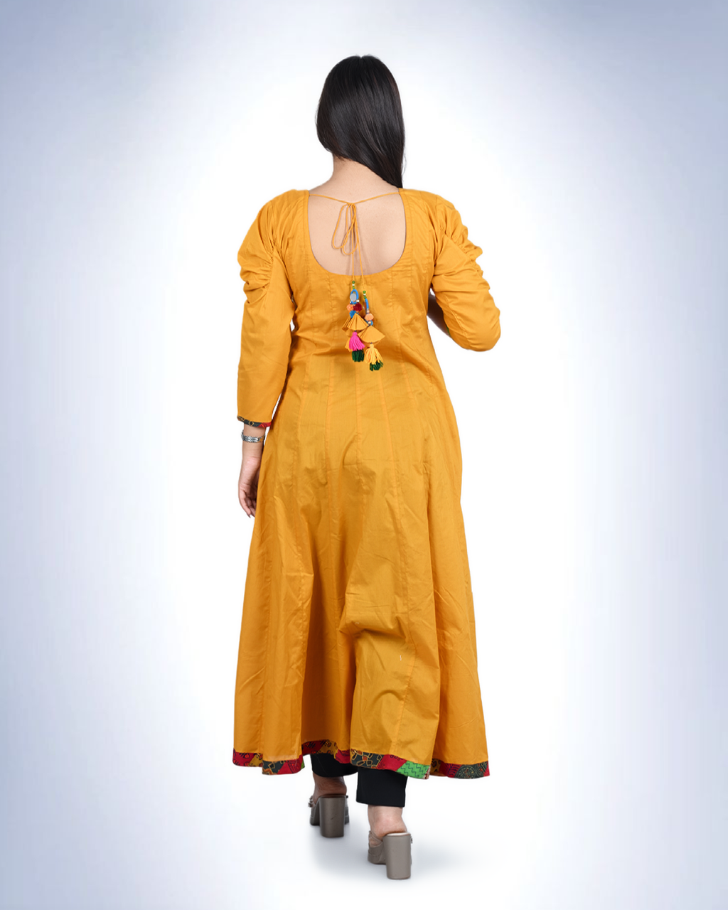 Mustard Yellow Mirror-Work Anarkali Kurta | Handcrafted Cotton with Pom-Pom Hemline