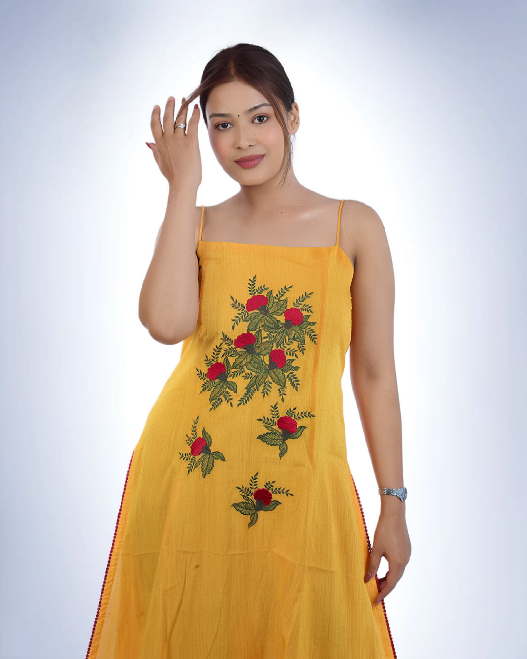 Yellow Floral Embroidered Spaghetti Strap Kurta Dress | Sleeveless A-Line Cotton Slip Dress