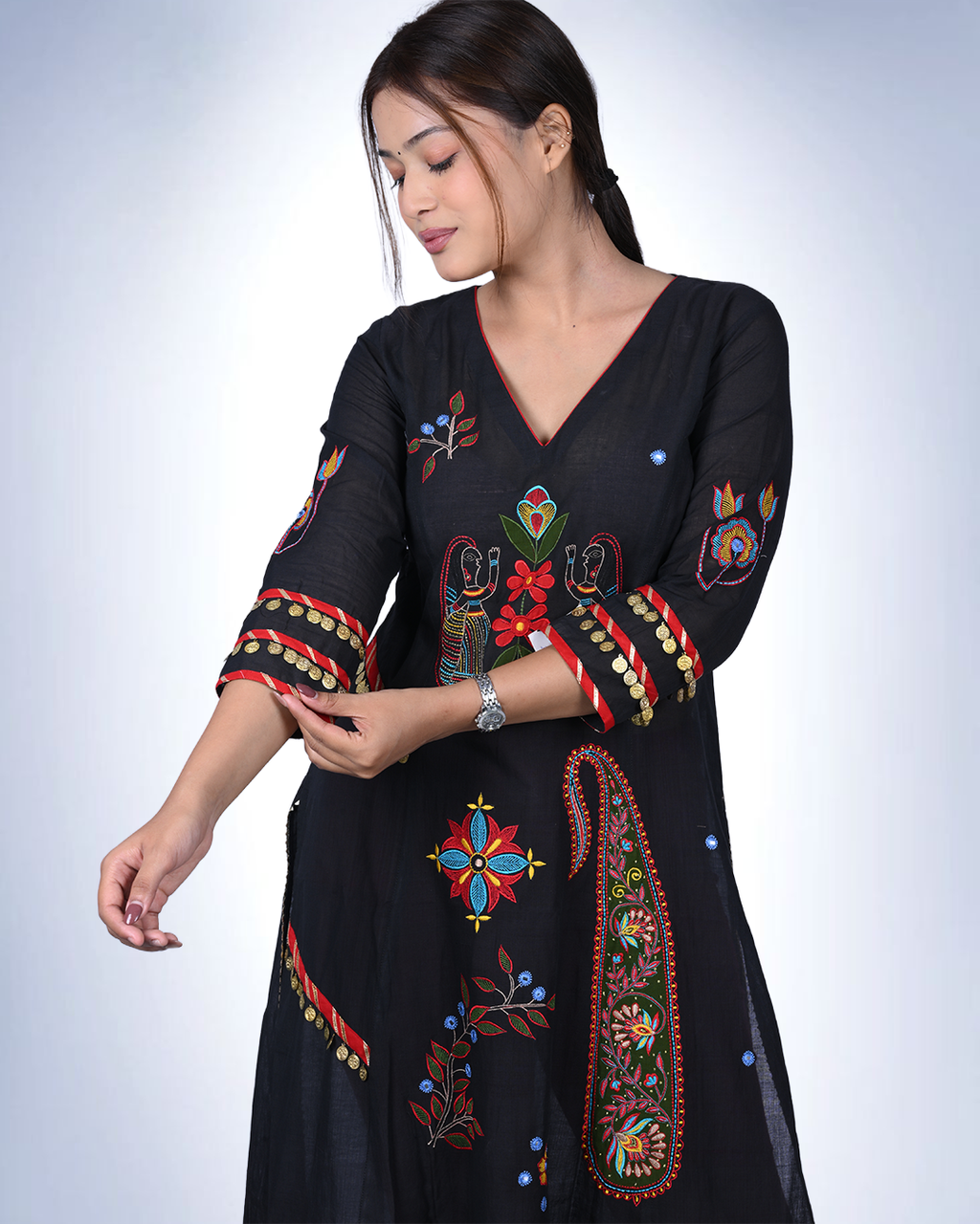 Black Folk Art Embroidered Anarkali Kurta | Warli-Inspired with Mirror & Coin Trim