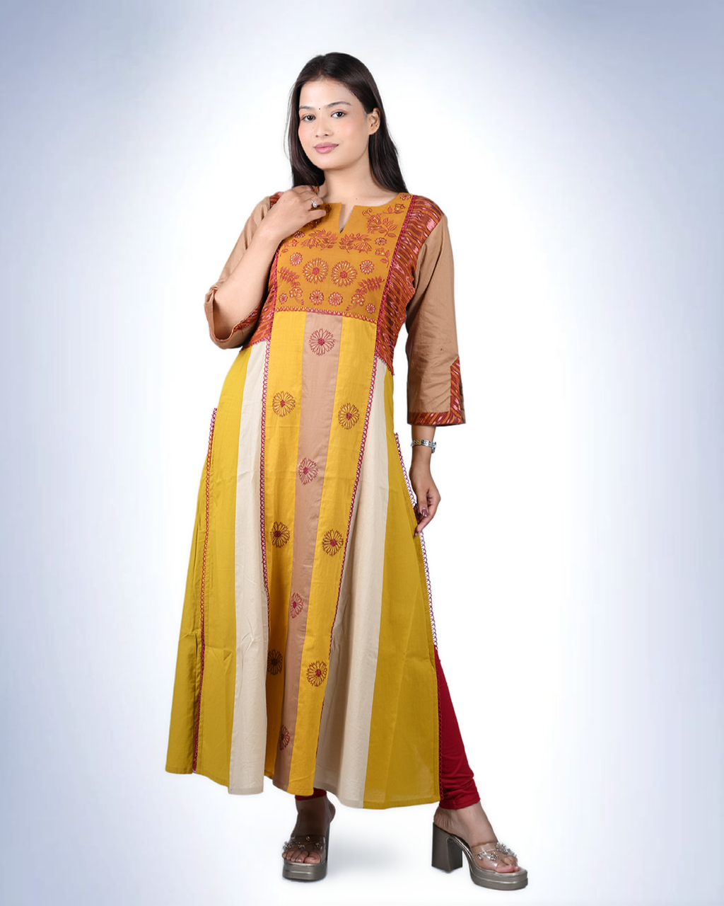 Mustard Colour-Block Panel Kurta | Floral Embroidered Yoke with Striped Silhouette