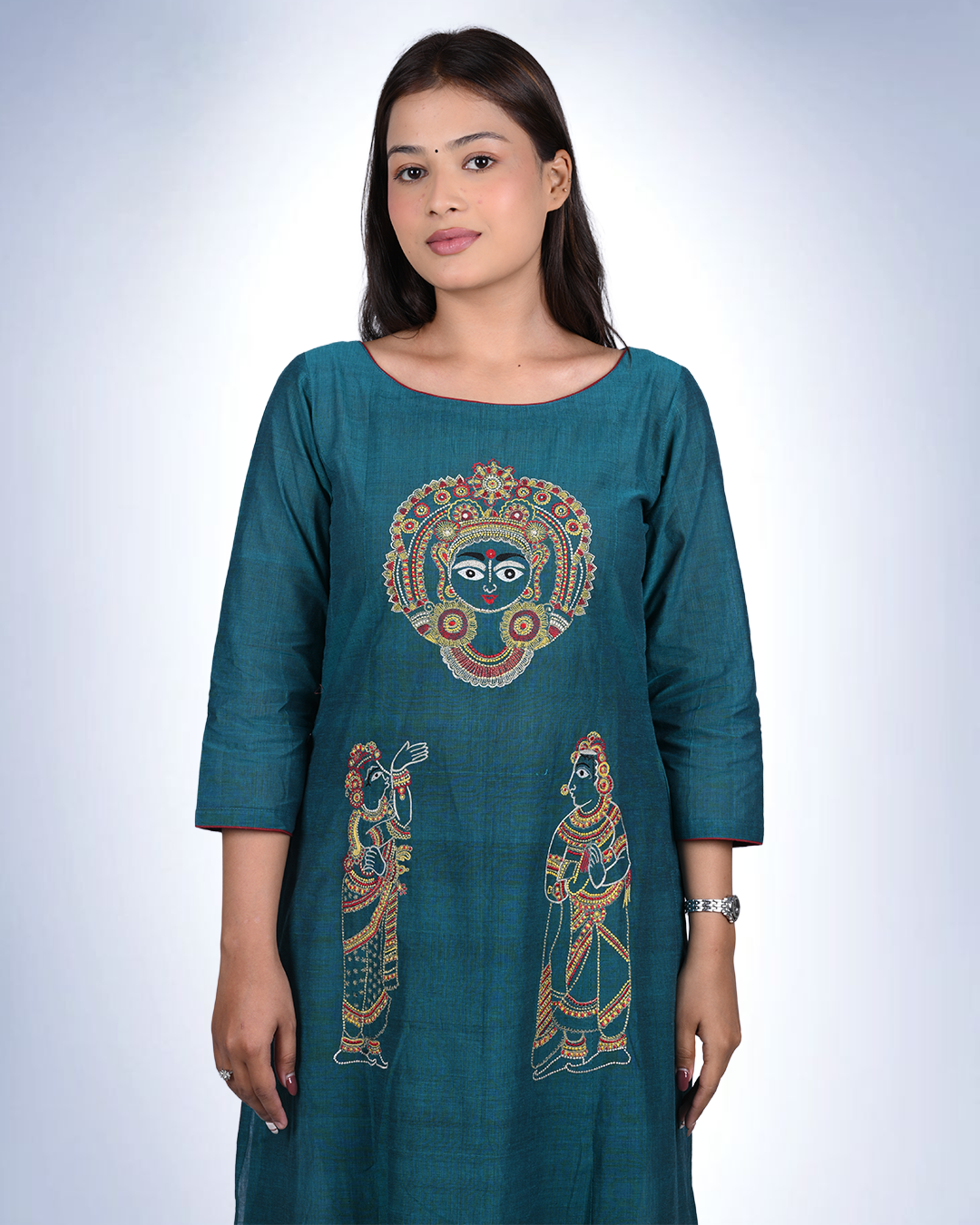 Teal Madhubani-Inspired Embroidered Anarkali Kurta | Handloom Cotton with Folk Art Motifs