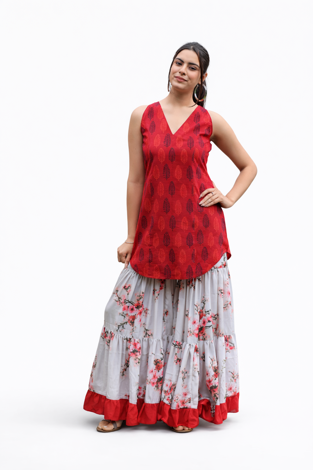 Red Cotton Kurta with Floral Layered Skirt Set