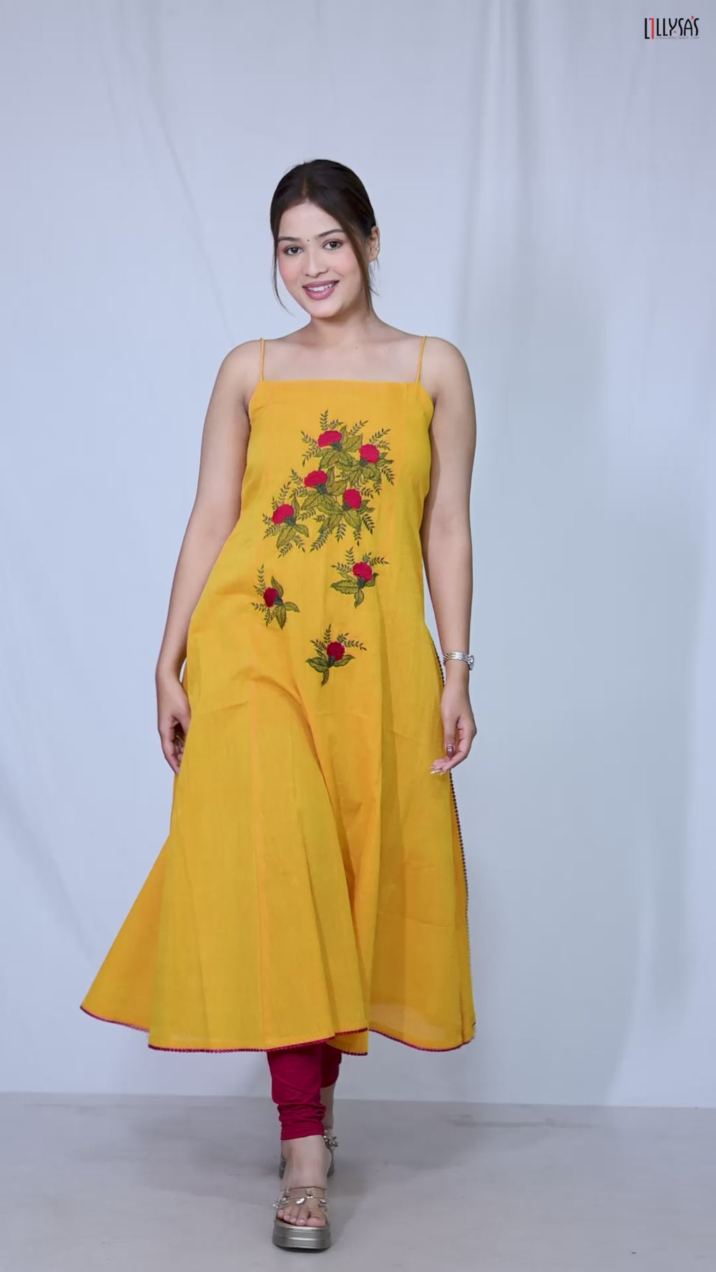 Yellow Floral Embroidered Spaghetti Strap Kurta Dress | Sleeveless A-Line Cotton Slip Dress