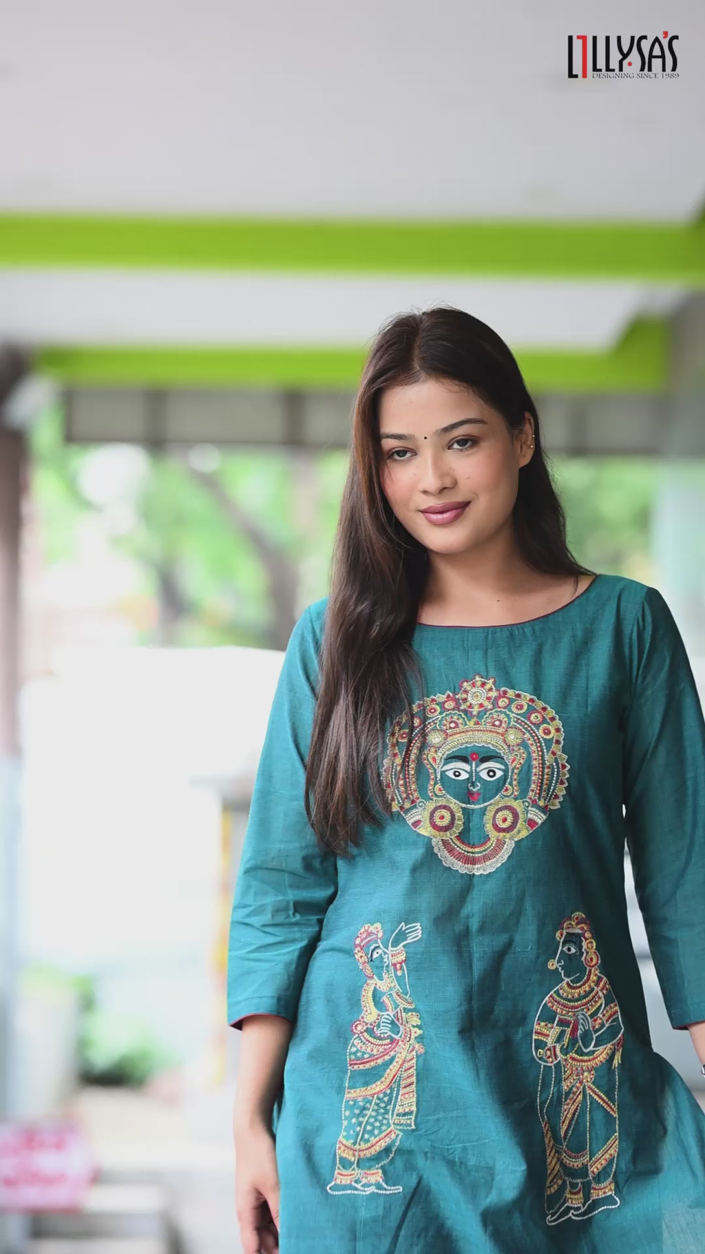 Teal Madhubani-Inspired Embroidered Anarkali Kurta | Handloom Cotton with Folk Art Motifs