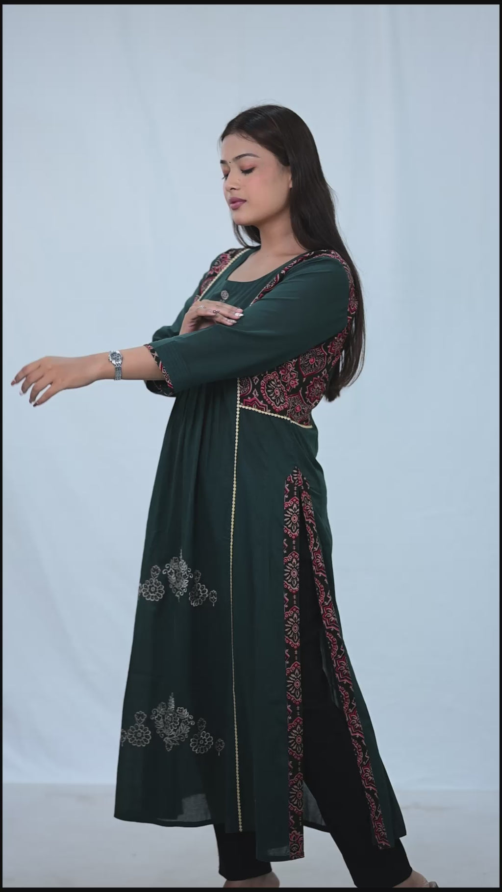Ajrak Embroidered Cambric Cotton Kurta | Bottle Green with Ajrak Panel Detailing