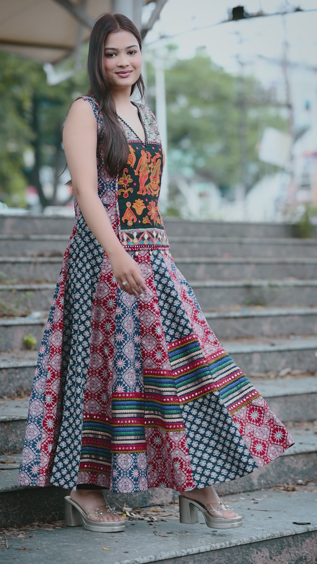 Heritage Print Maxi Dress | Embroidered Yoke with Rabari-Inspired Folk Art