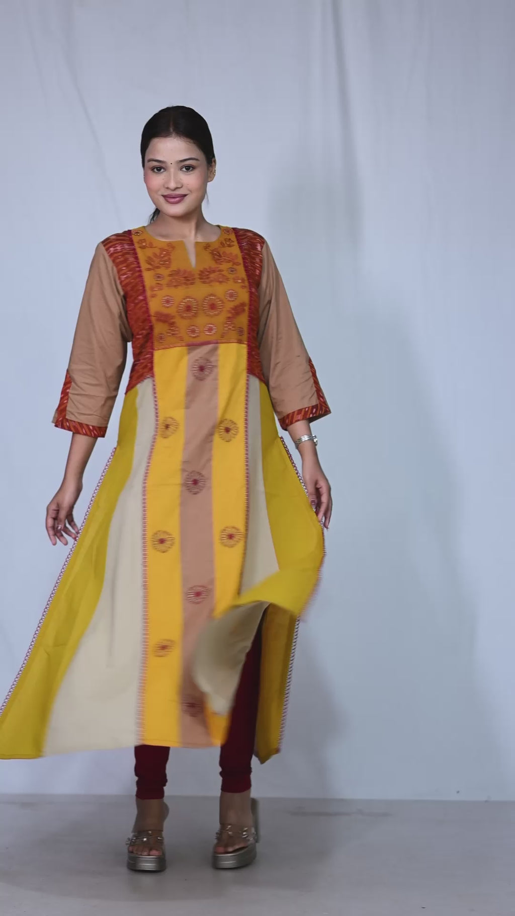 Mustard Colour-Block Panel Kurta | Floral Embroidered Yoke with Striped Silhouette