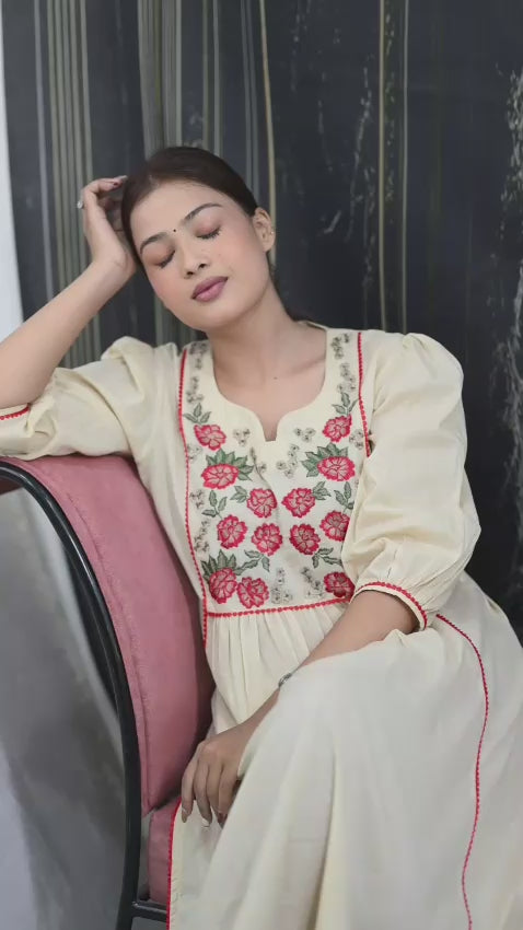 Ivory Floral Embroidered Cotton Kurta | Rose Motif Yoke with Puff Sleeves