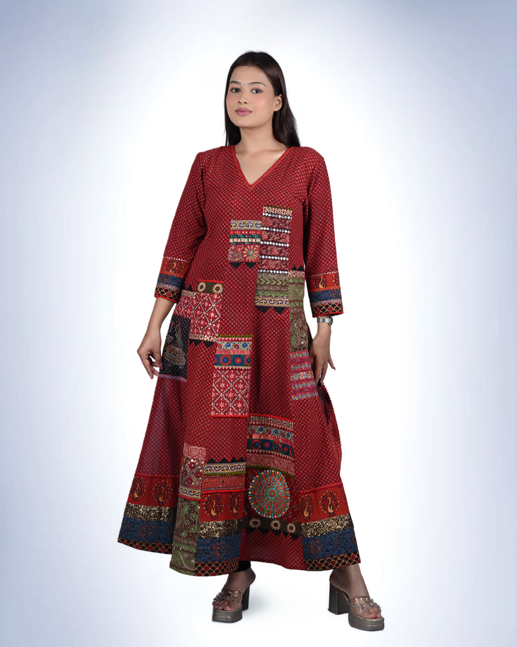 Ajrak 6-Kali Patchwork Dress | Handcrafted Cotton Ethnic Dress with Polka Prints