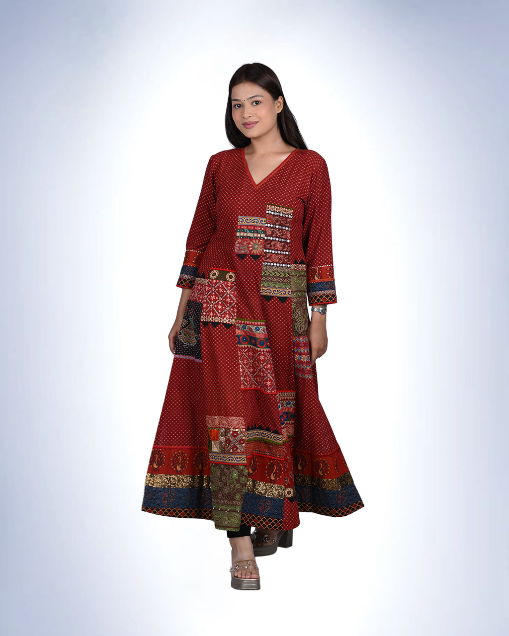 Ajrak 6-Kali Patchwork Dress | Handcrafted Cotton Ethnic Dress with Polka Prints