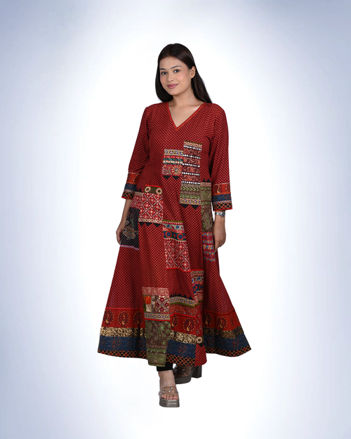 Ajrak 6-Kali Patchwork Dress | Handcrafted Cotton Ethnic Dress with Polka Prints