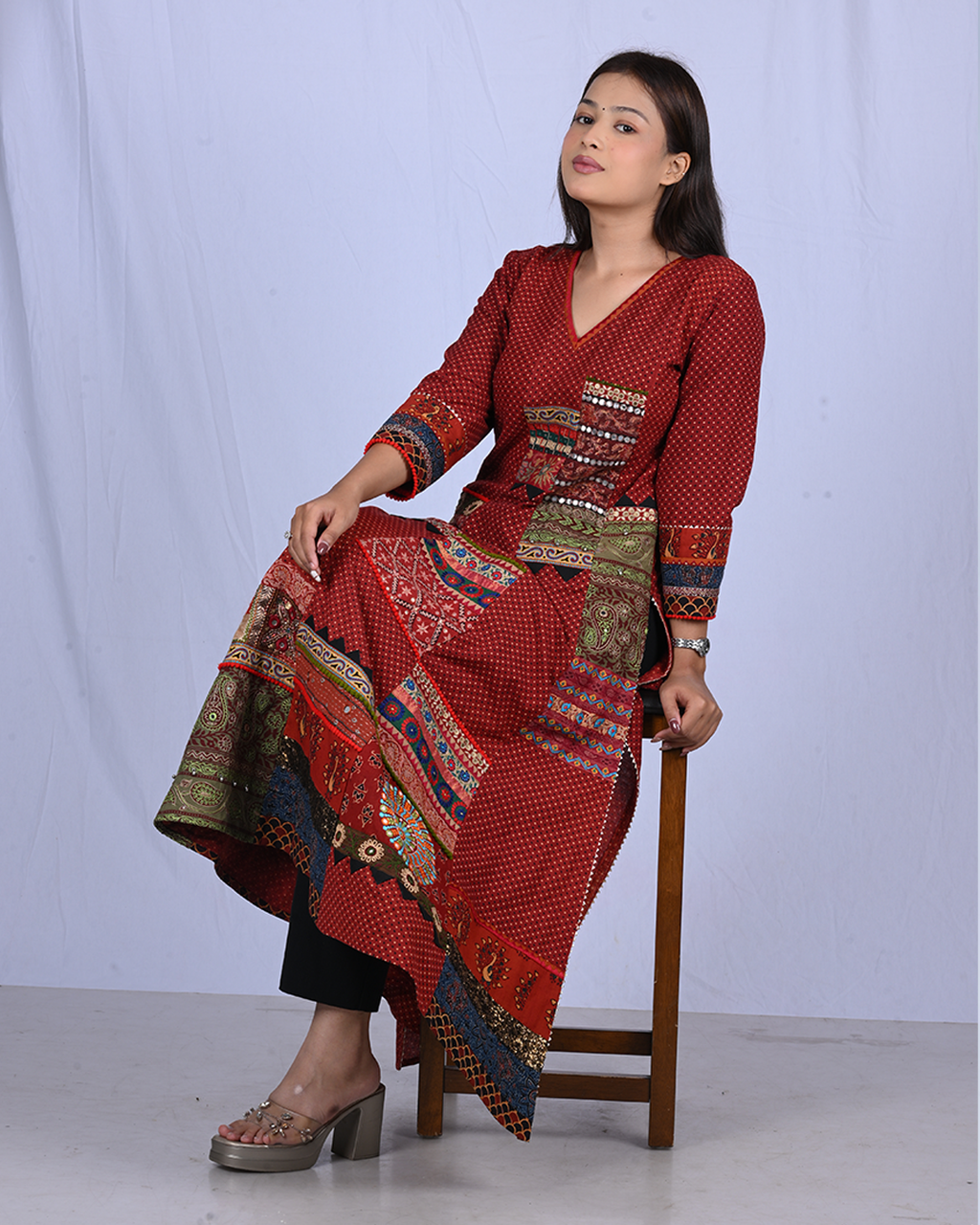 Ajrak 6-Kali Patchwork Dress | Handcrafted Cotton Ethnic Dress with Polka Prints