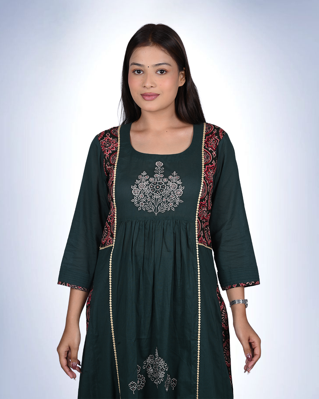 Ajrak Embroidered Cambric Cotton Kurta | Bottle Green with Ajrak Panel Detailing
