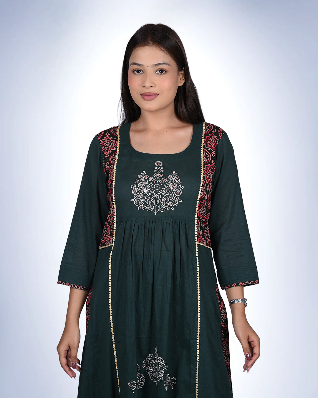 Ajrak Embroidered Cambric Cotton Kurta | Bottle Green with Ajrak Panel Detailing